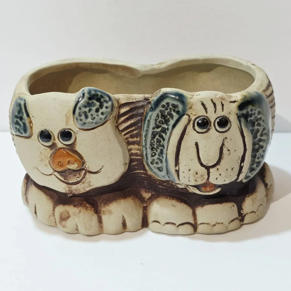 Vintage Comical Clay Pottery Dog and Pig Succulent Planter